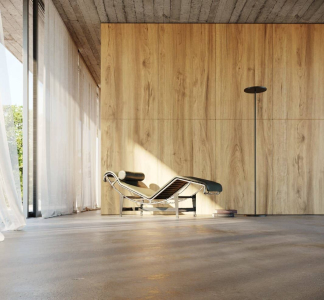 House with wooden walls	and concrete floors