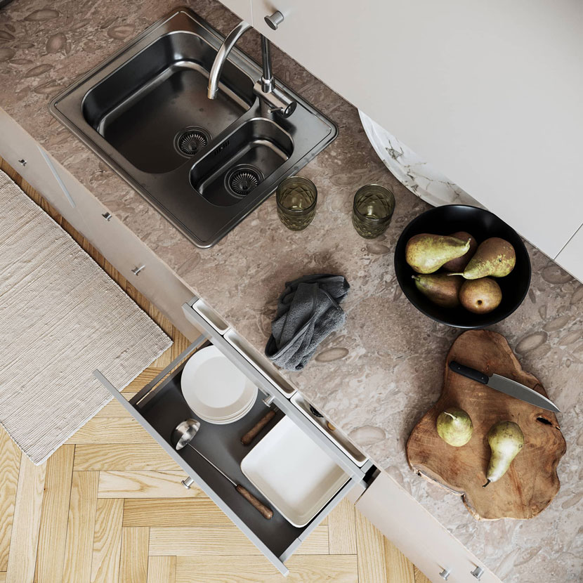 Kitchen countertop top view'.