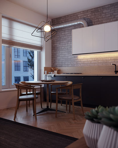 Apartment kitchen at night time